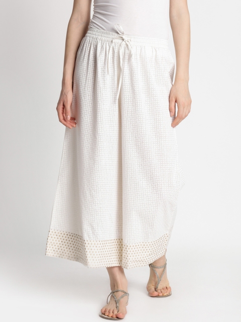 

RANGMANCH BY PANTALOONS Women Off-White & Gold-Toned Printed Wide Leg Palazzos
