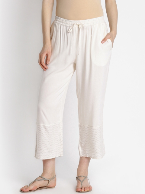 

RANGMANCH BY PANTALOONS Women Off-White Wide Leg Solid Palazzos