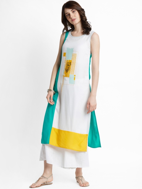 

RANGMANCH BY PANTALOONS Women White & Green Printed Straight Kurta