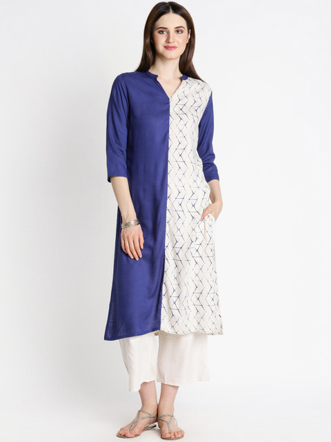 

RANGMANCH BY PANTALOONS Women Navy Blue & Off-White Printed A-Line Kurta