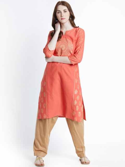 

RANGMANCH BY PANTALOONS Women Coral Printed Straight Kurta