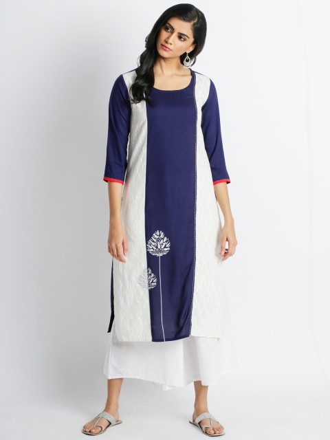 

RANGMANCH BY PANTALOONS Women Blue & White Colourblocked Straight Kurta
