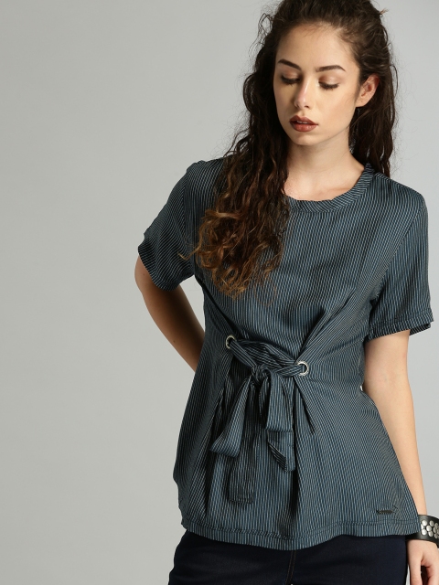 

Roadster Women Navy Blue Striped Top