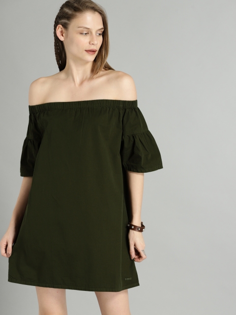 

Roadster Women Olive Green Solid A-Line Dress