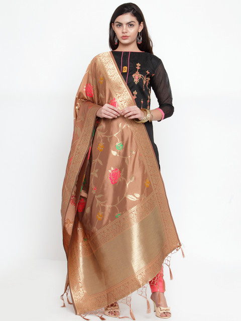 

Sugathari Coffee Brown & Gold-Toned Woven Design Dupatta