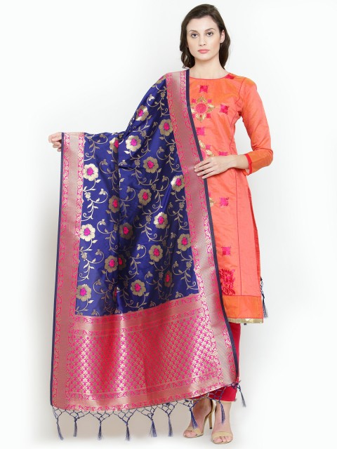 

Sugathari Navy Blue & Pink Woven Design Dupatta