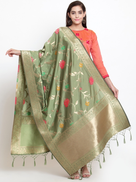 

Sugathari Olive Green & Gold-Toned Woven Design Banarasi Dupatta