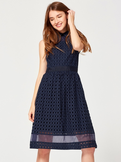 

ESPRIT Women Navy Blue Schiffli Embroidered A-Line Dress