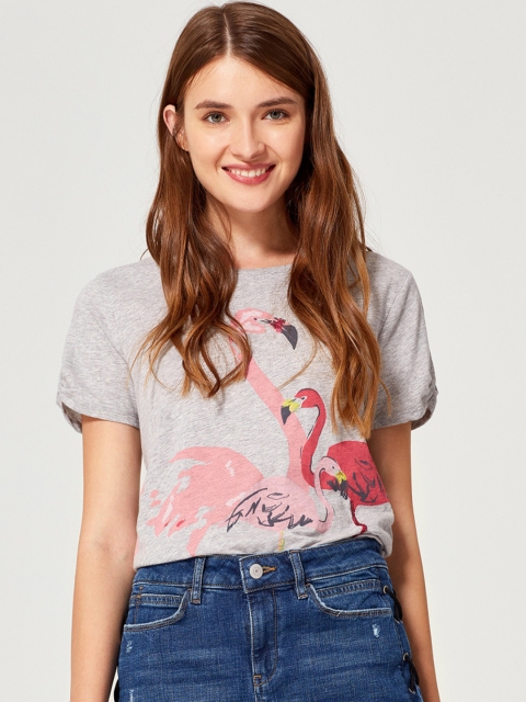 

ESPRIT Women Grey Melange Printed Round Neck T-shirt
