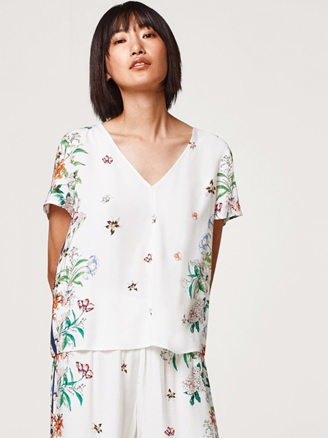 

ESPRIT Women White & Green Printed Top
