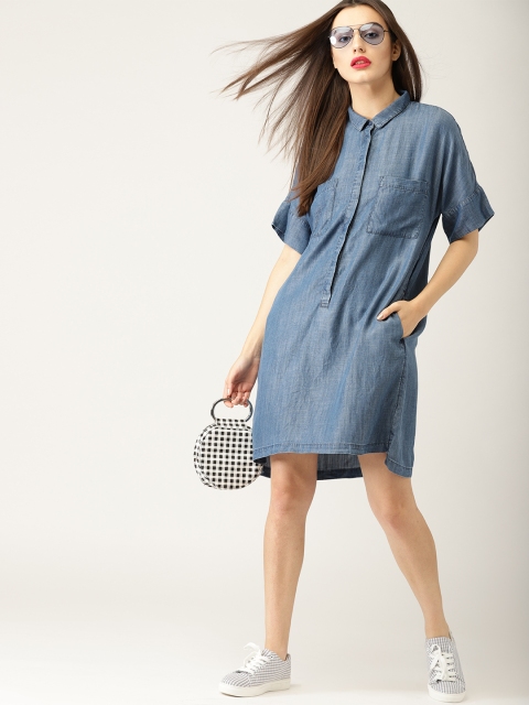 

ESPRIT Women Blue Solid Chambray Shirt Dress