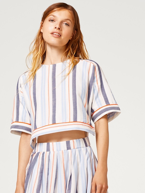 

ESPRIT Women White & Blue Striped Fit and Flare Dress
