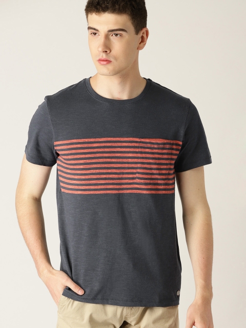 

ESPRIT Men Navy & Orange Striped Round Neck T-shirt, Navy blue
