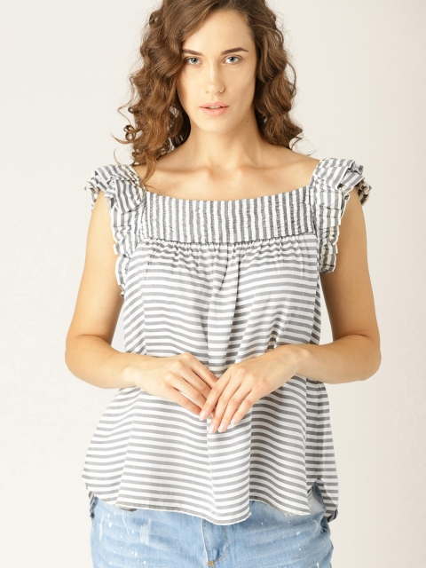 

ESPRIT Women White & Black Striped A-Line Top