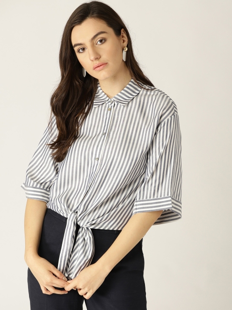 

ESPRIT Women White & Navy Blue Regular Fit Striped Casual Shirt