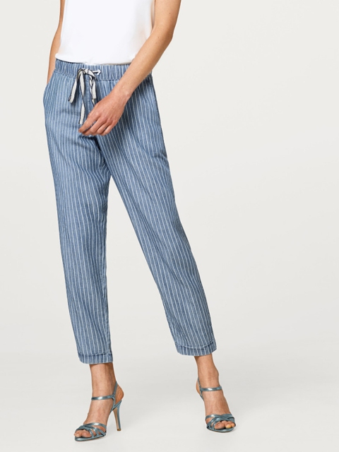 

ESPRIT Women Blue & White Chambray Regular Fit Striped Cropped Trousers