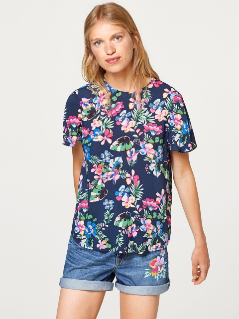 

ESPRIT Women Navy Blue & Green Printed Top