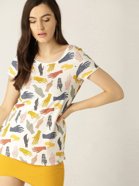 

ESPRIT Women White & Mustard Yellow Printed Round Neck T-shirt