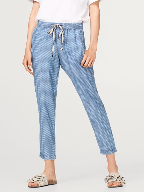 

ESPRIT Women Blue & White Regular Fit Printed Chambray Trousers