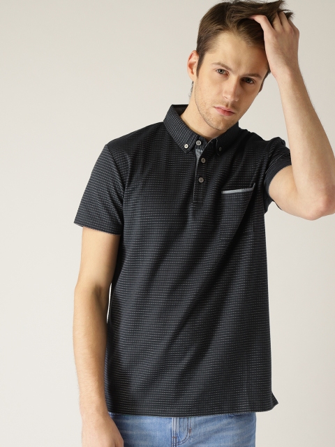 

ESPRIT Men Navy Blue Self-Striped Polo Collar T-shirt