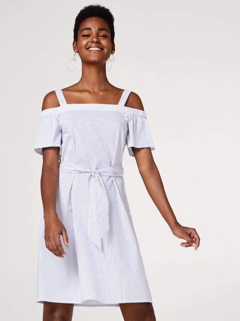

ESPRIT Women White & Blue Striped A-Line Dress