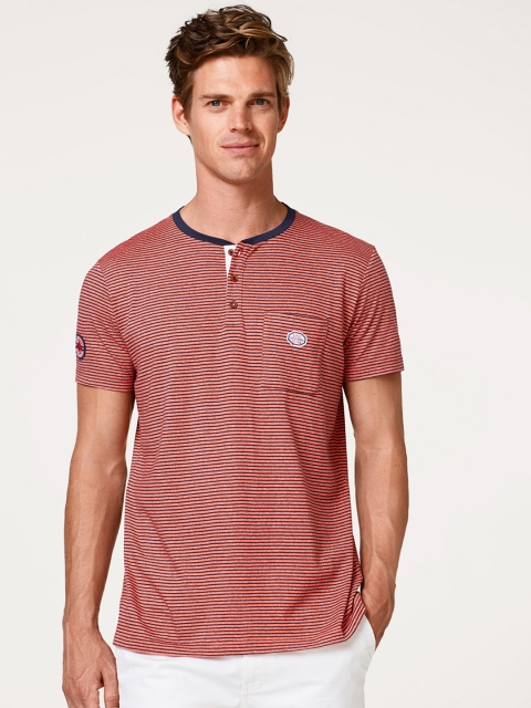 

ESPRIT Men Coral Red Striped Henley Neck T-shirt