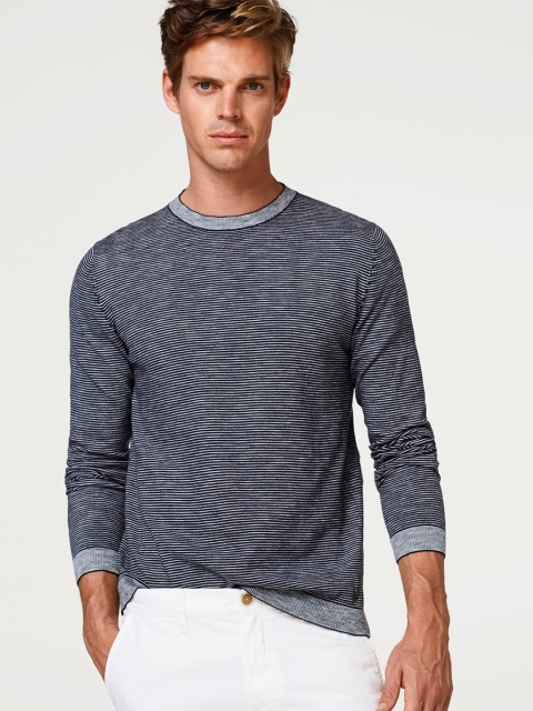 

ESPRIT Men Charcoal Grey & White Self-Striped Pullover