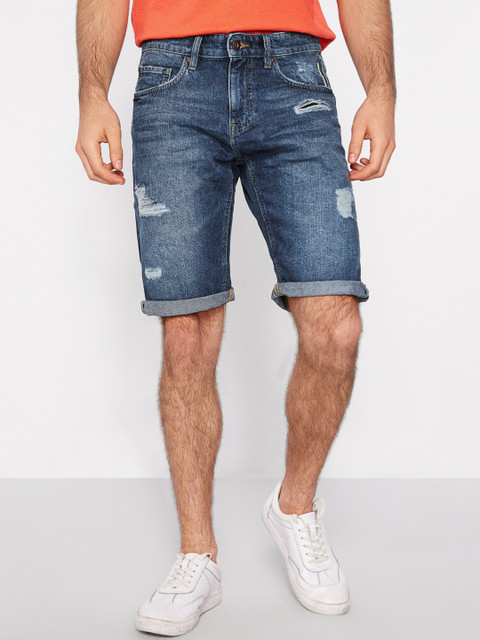 

ESPRIT Men Blue Washed Distressed Straight Fit Denim Shorts