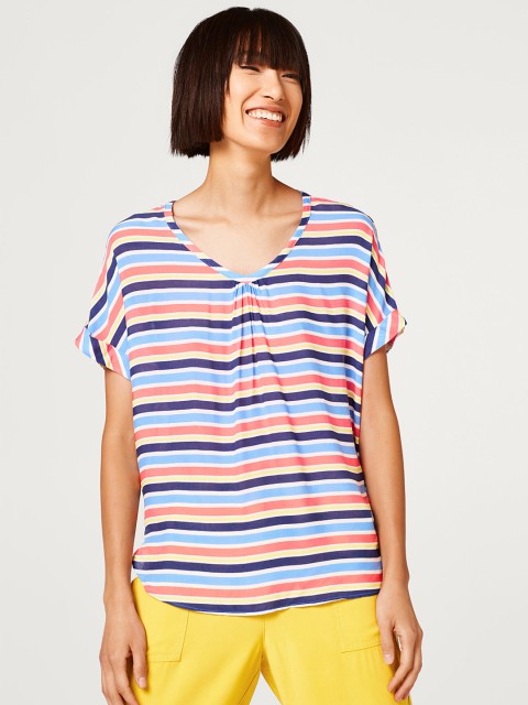 

ESPRIT Women Blue & Coral Pink Candy Striped Boxy Top, Navy blue