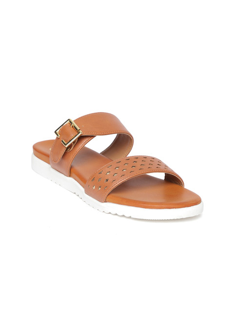 

Carlton London Women Tan Brown Open Toe Flats with Laser Cuts