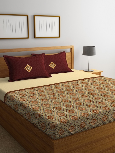 

Portico New York Brown & Cream-Coloured 144 TC Cotton 1 King Bedsheet with 2 Pillow Covers