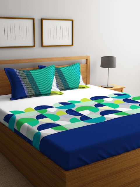 

Portico New York White & Blue Geometric 144 TC 1 King Bedsheet with 2 Pillow Covers