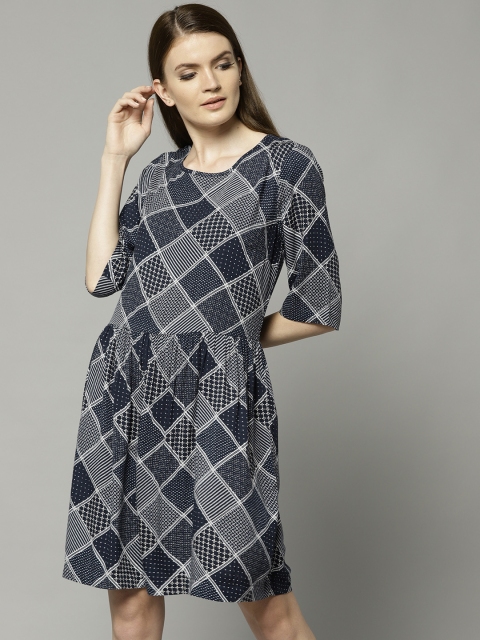 

Marks & Spencer Women Navy & White Printed A-Line Dress, Navy blue