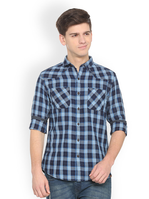 

People Men Navy Blue & Grey Regular Fit Checked Casual Shirt