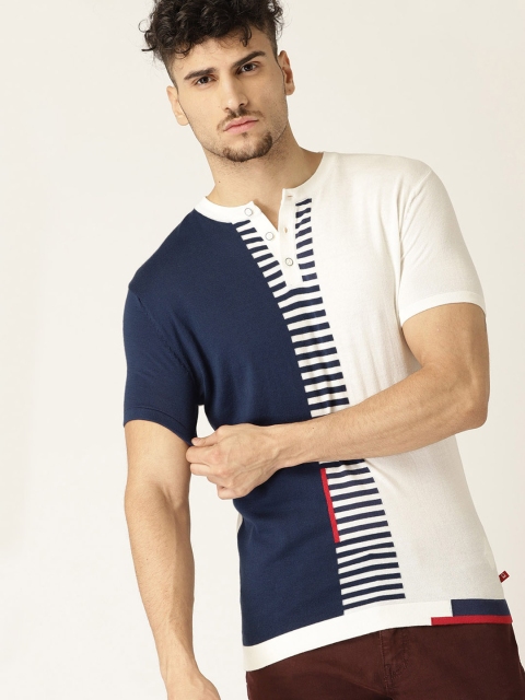 

United Colors of Benetton Men White & Navy Colourblocked Henley Neck T-shirt