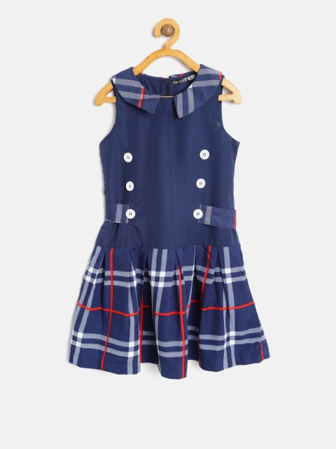 

Nauti Nati Girls Navy Blue & White Checked Drop-Waist Dress