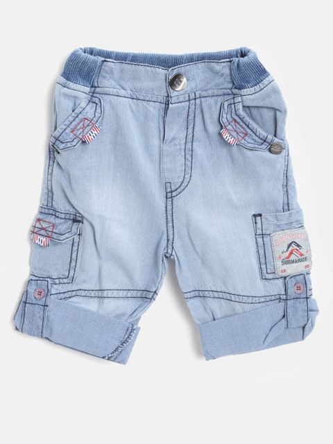 

Little Kangaroos Boys Blue Washed Pinstriped Regular Fit Shorts