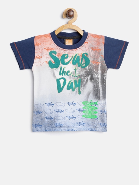 

Little Kangaroos Boys Blue & Off-White Printed Round Neck T-shirt