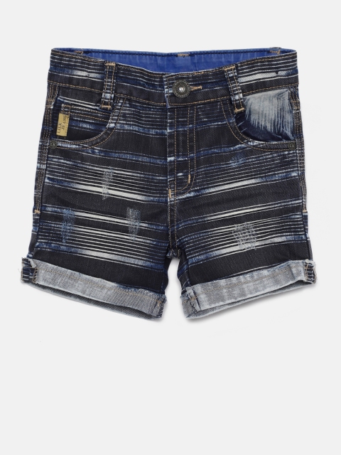 

Little Kangaroos Boys Blue Striped Straight Fit Denim Shorts