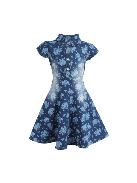 

CUTECUMBER Girls Blue Printed Denim Fit and Flare Dress
