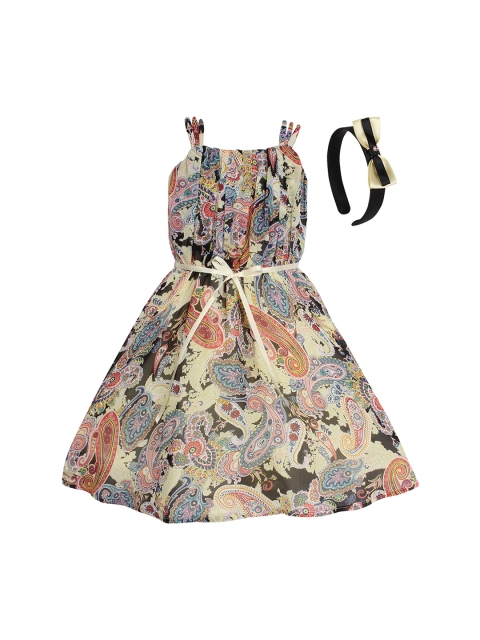 

CUTECUMBER Girls Cream-Coloured Printed Fit and Flare Dress With a Hair Band