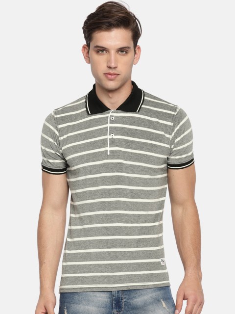

Sports52 wear Men Grey & Off-White Striped Polo Collar T-shirt