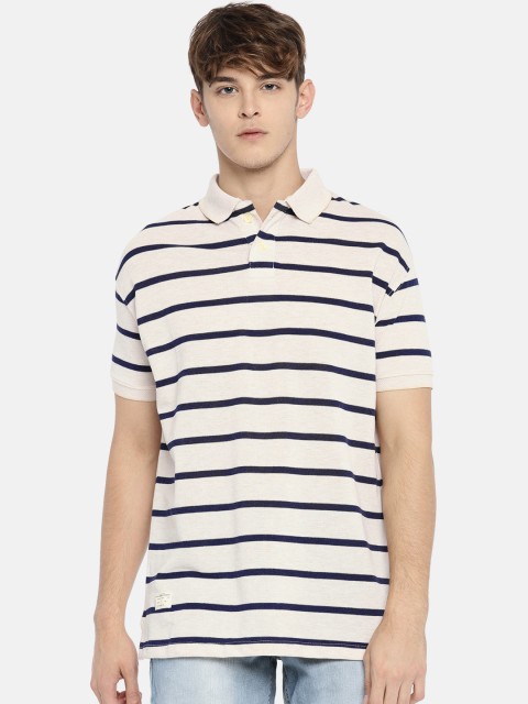 

Sports52 wear Men Beige & Navy Blue Striped Polo Collar T-shirt