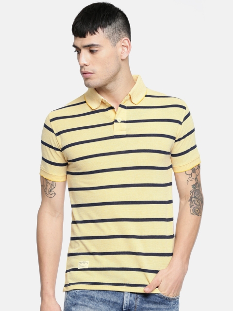 

Sports52 wear Men Yellow & Navy Blue Striped Polo T-shirt