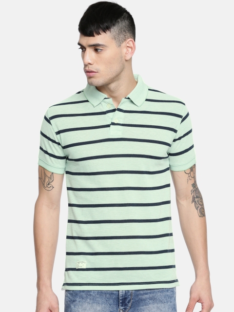 

Sports52 wear Men Green & Navy Blue Striped Polo T-shirt