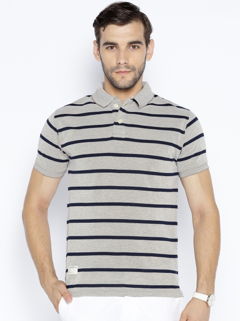 

Sports52 wear Men Taupe & Navy Blue Striped Polo Collar T-shirt