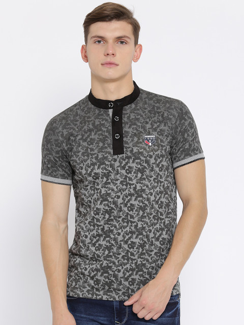 

Duke Men Grey Printed Henley Neck T-shirt