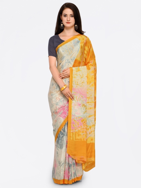 

Ligalz Yellow & Grey Poly Crepe Printed Saree