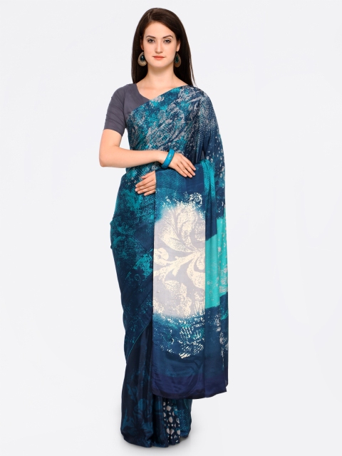 

Ligalz Navy Blue Printed Poly Crepe Saree