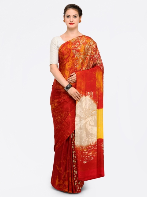 

Ligalz Orange & Red Poly Crepe Printed Saree
